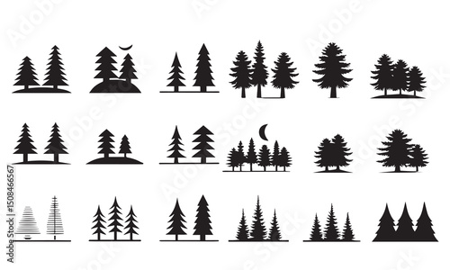 Set of pine tree silhouettes, perfect for design projects,