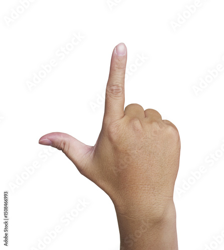 Hand gesturing the letter l with index finger and thumb extended on transparent background