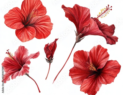 Group Of Vibrant Red Hibiscus Flowers Illustration