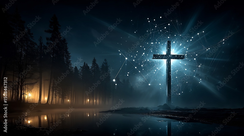 Naklejka premium Glowing Cross with Night Forest, Faith, Hope, and Religion.