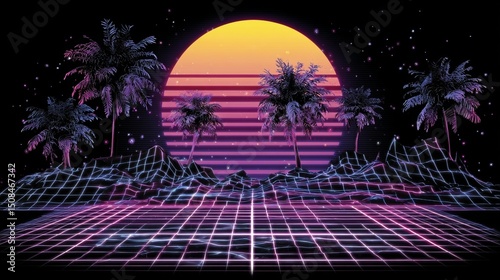 An 80s-inspired computer landscape serves as the foundation for this modern illustration, which features a retro futuristic background with a sun, a pink perspective grid, and a star-filled dark