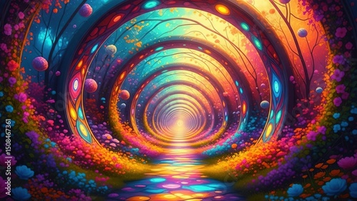 Journey Through Colors: Dive into an enchanting, psychedelic tunnel of vibrant hues and geometric patterns, offering a visual escape into a dreamlike, abstract space.
