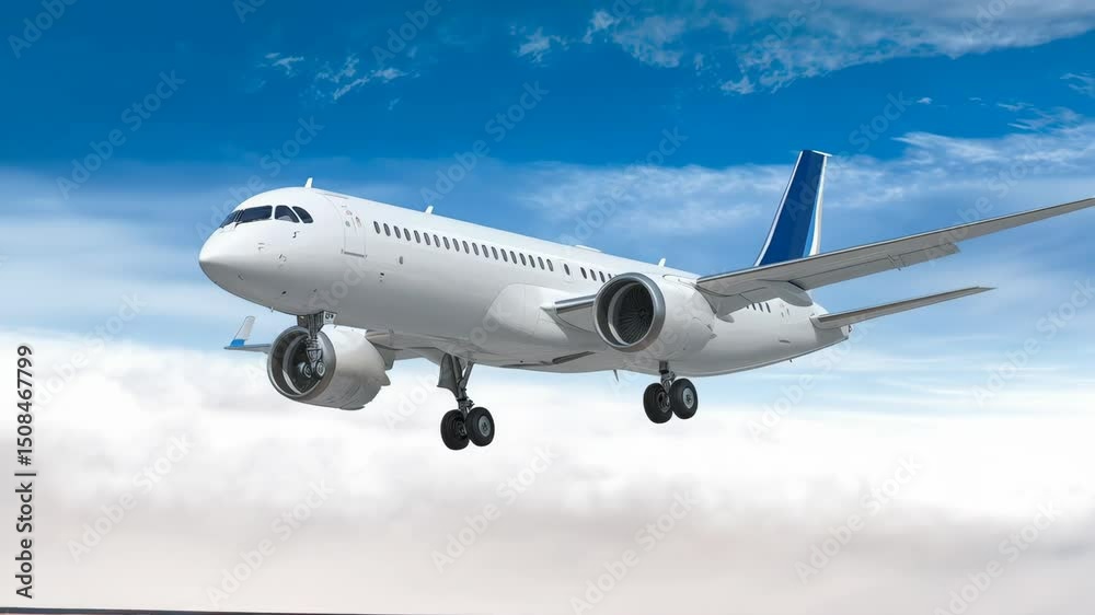 Airplane flying under a partly cloudy sky with landing gear extended, ready to land at an airport. Airplane flying under a partly cloudy sky with landing gear extended, ready to land at an airport.