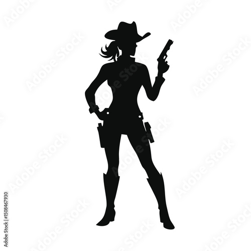A vector silhouette of a cowgirl standing confidently with a pistol in her hand