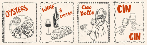 Hand draw La Dolce vita lifestyle illustrations. Picnic in french or italian style with wine, charcuterie, cheese, oyster. Chalk charcoal style drawing for poster, placard or print