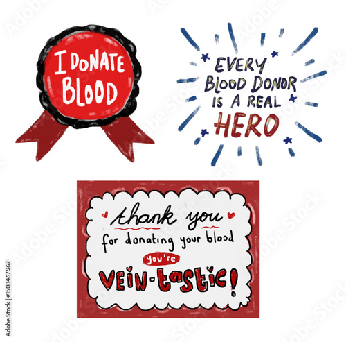Cute set thank you for donating your blood superhero hero badge text in crayon watercolor illustration clipart sticker happy international world blood donor donation day certificate appreciation