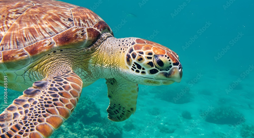 Fototapeta premium Majestic Sea Turtle Gracefully Navigating Vibrant Coral Reef