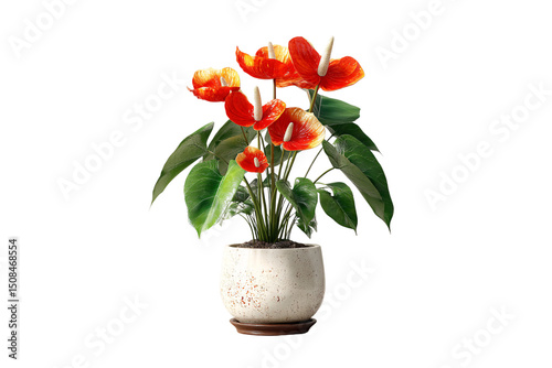 Red anthurium flowers with white centers and green leaves in speckled ceramic pot, isolated on a transparent background