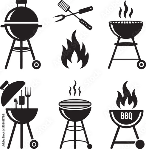 BBQ Grill Icons Smoker, Flames, Utensils, Grilling Fun.