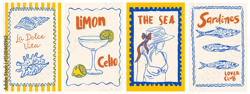 Hand draw la dolce vita vintage posters with lemon. Italian amalfi sicily style vacation vector illustrations in ink line doodle sketch style. Chalk charcoal style drawing for poster, placard or print
