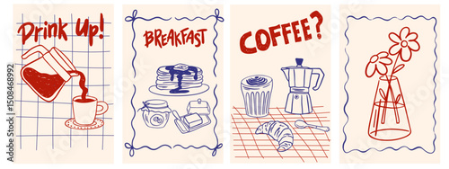 Hand drawn breakfast la dolce vita posters. Vector illustration of food and coffee icons in chalk, crayon drawing style for invitations, menus, parties. Minimalist line art for poster, placard, print