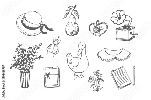 Cottagecore set cosy country rural things sketch. Retro cute whimsy farm themed cottage core aesthetic. Hobby collection, vegetables doodle.