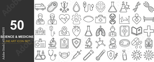 50 Clean Line Art Vector Icons for Science, Medicine, and Healthcare Applications Featuring Medical Devices, Human Organs, DNA, Lab Testing, and Modern Research Elements for UI/UX, Presentations