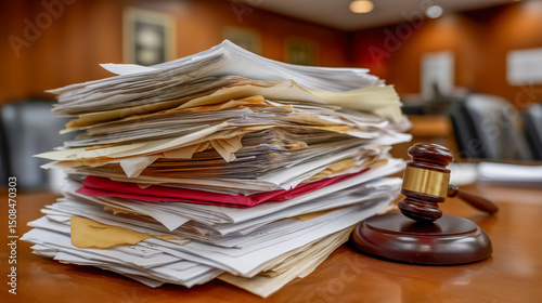 Gavel next to a large document stack