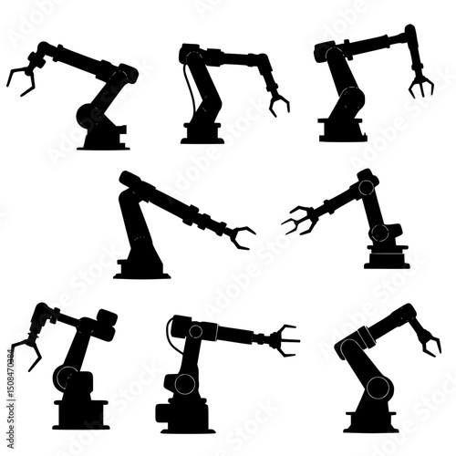 Collection of robotic arms silhouettes isolated on transparent background