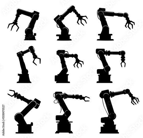 Collection of robotic arms silhouettes isolated on transparent background