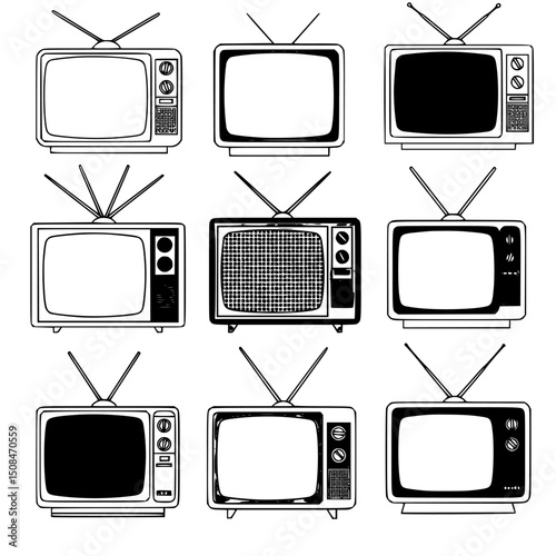 Nine retro televisions silhouette set isolated on transparent background