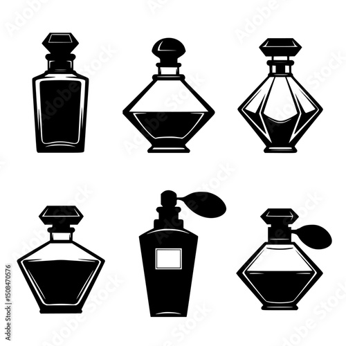 Six perfume bottle silhouettes set isolated on transparent background