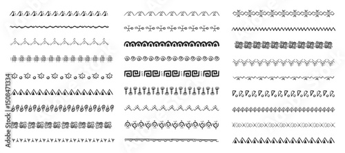 Ethnic tribal border, traditional hand drawn divider, doodle separator. Ancient motif line geometric brush, for frames, design element. 