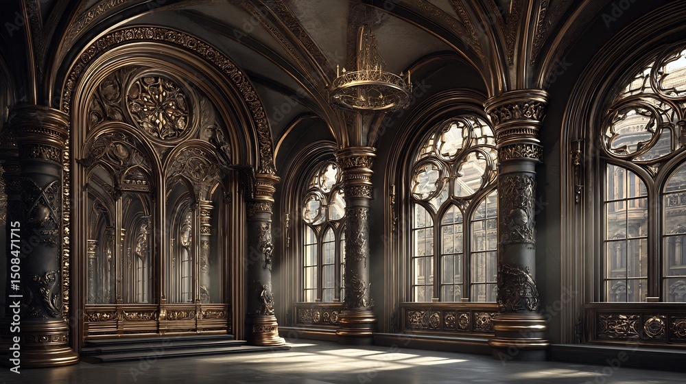 Fototapeta premium Gothic Palace Hall Interior with Luxury Architecture.