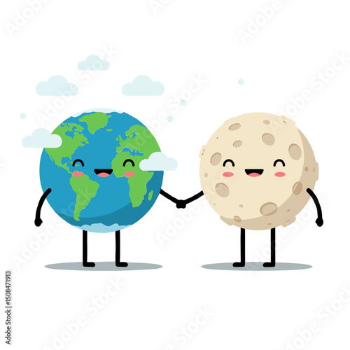 Earth and Moon characters holding hands, friendly illustration, cosmic friendship concept, copy space