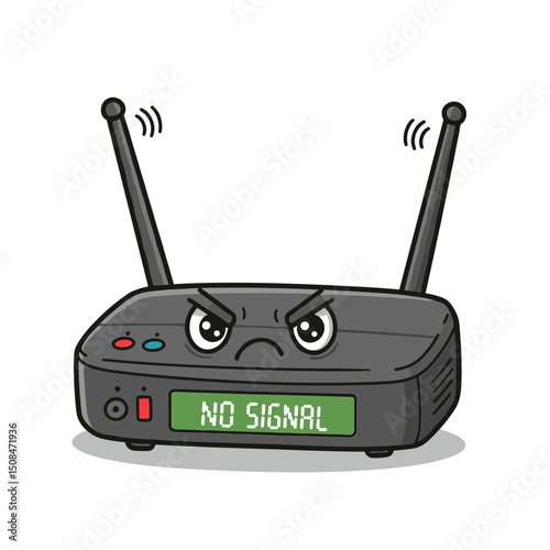 Angry router character displaying "No Signal", humorous illustration, technology concept, copy space