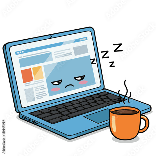Sleepy laptop with a coffee cup, humorous illustration, work from home concept, copy space
