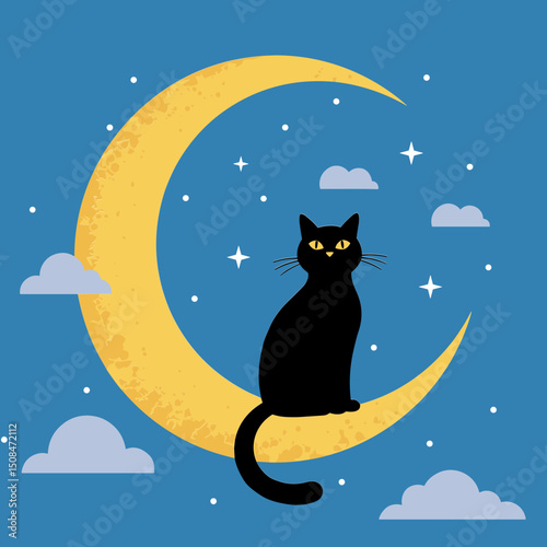 Black cat sitting on crescent moon, whimsical illustration, night sky concept, copy space