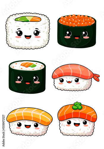 Cute sushi characters with smiling faces, playful illustration, food concept,