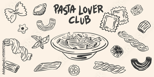Hand drawn pasta vector set. Different Mediterranean spaghetti types. Italy la dolce vita coast food for greeting cards, poster, postcards. Minimalist doodle sketch icons in crayon drawing style