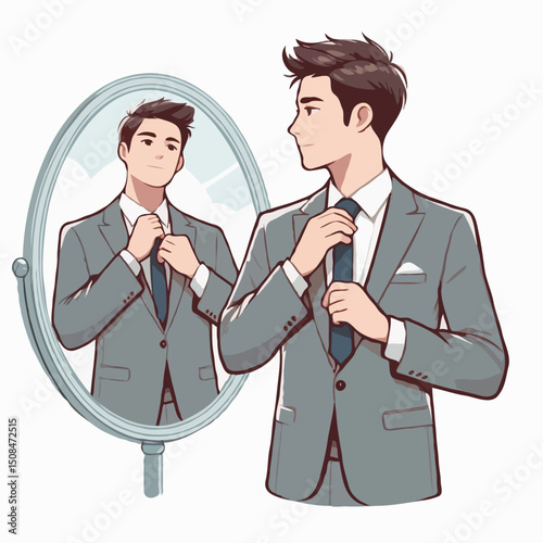 Groom adjusting tie in mirror in elegant wedding style