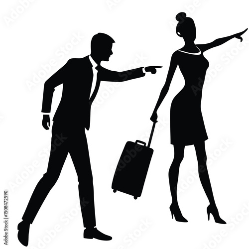 Silhouette couple airport departure travel suitcase.