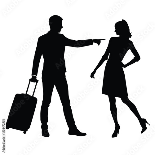 Silhouette couple airport departure travel suitcase.