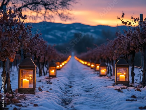 Lanterns glowing in a row along a frosted vineyard path with mountains in the distance, Generative AI