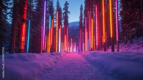 colorful string lights adorning tall evergreens in a snow-drenched forest, Generative AI