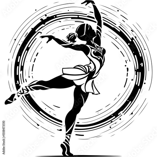Tattoo emblem of graceful ballerina in a tutu and pointe shoes in monochrome. Engraving minimalistic vector in black ink drawing on transparent background