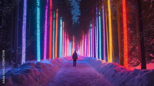 colorful string lights adorning tall evergreens in a snow-drenched forest, Generative AI