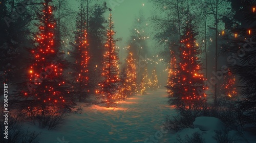 colorful string lights adorning tall evergreens in a snow-drenched forest, Generative AI