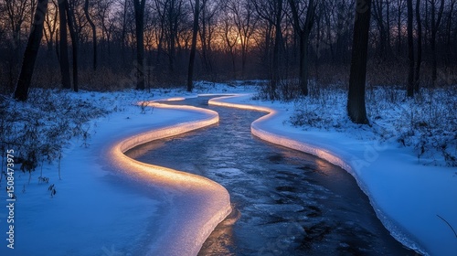 Frozen stream weaving through a quiet forest glowing softly under moonlight, Generative AI