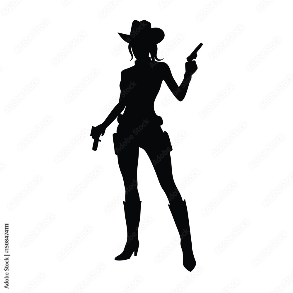 A vector silhouette of a cowgirl standing confidently with a pistol in her hand A vector silhouette of a cowgirl standing confidently with a pistol in her hand