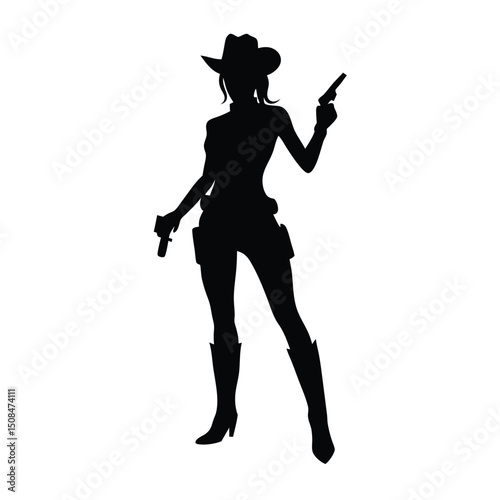A vector silhouette of a cowgirl standing confidently with a pistol in her hand