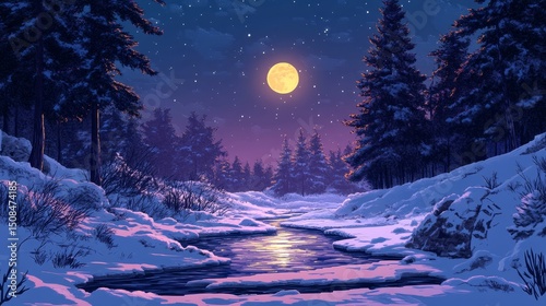 Frozen stream weaving through a quiet forest glowing softly under moonlight, Generative AI
