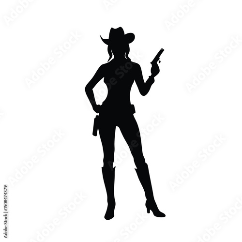 A vector silhouette of a cowgirl standing confidently with a pistol in her hand