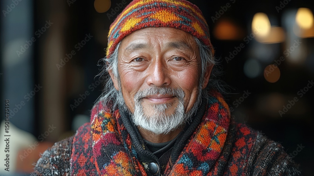 Obraz premium Portrait of a Middle-Aged Nepali Man with Facial Hair and Colorful Hat Smiling Indoors