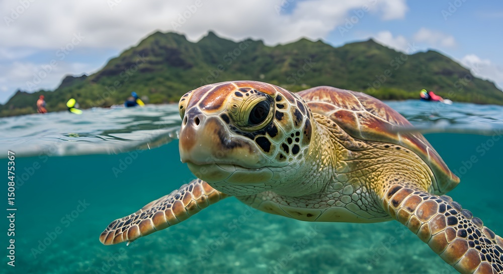Fototapeta premium Majestic Green Sea Turtle Gracefully Navigating Crystal-Clear Waters of a Tropical Paradise