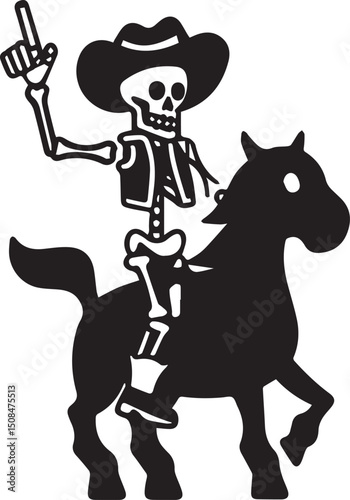 A powerful and minimalist vector silhouette illustration of a skeleton cowboy, complete with hat, riding a horse, with one arm raised and a finger pointing upwards