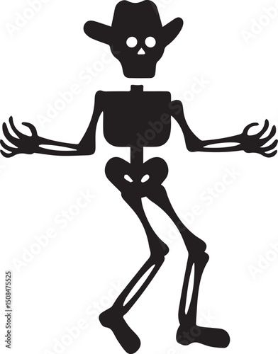 A lively and amusing vector silhouette of a cowboy skeleton caught in a dance.