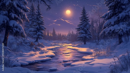 Frozen stream weaving through a quiet forest glowing softly under moonlight, Generative AI