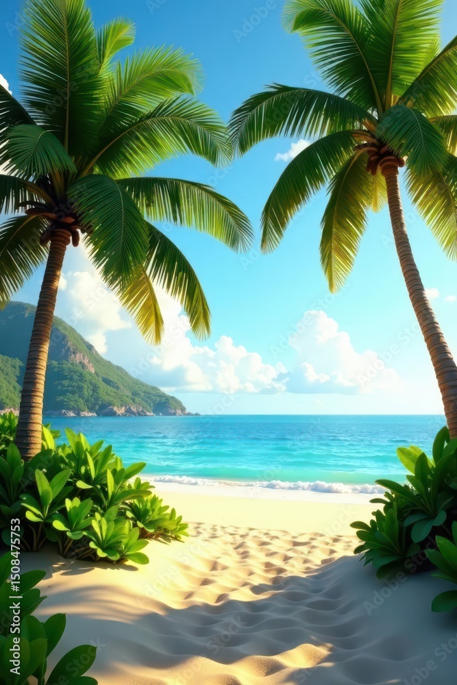 Fototapeta premium Golden sand, lush palm trees, tranquil ocean view, palms, island, getaway