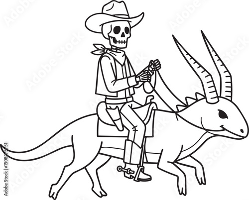 A charming and whimsical cartoon vector illustration featuring a friendly skeleton cowboy, complete with hat and bandana, riding a peculiar antelope-like creature